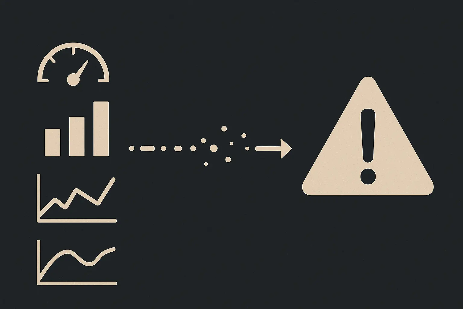 Textfreie Grafik zu typischen Fehlern bei Risiko-Kennzahlen: gebrochener Datenfluss zwischen KPI-Diagrammen und Warnsignal.