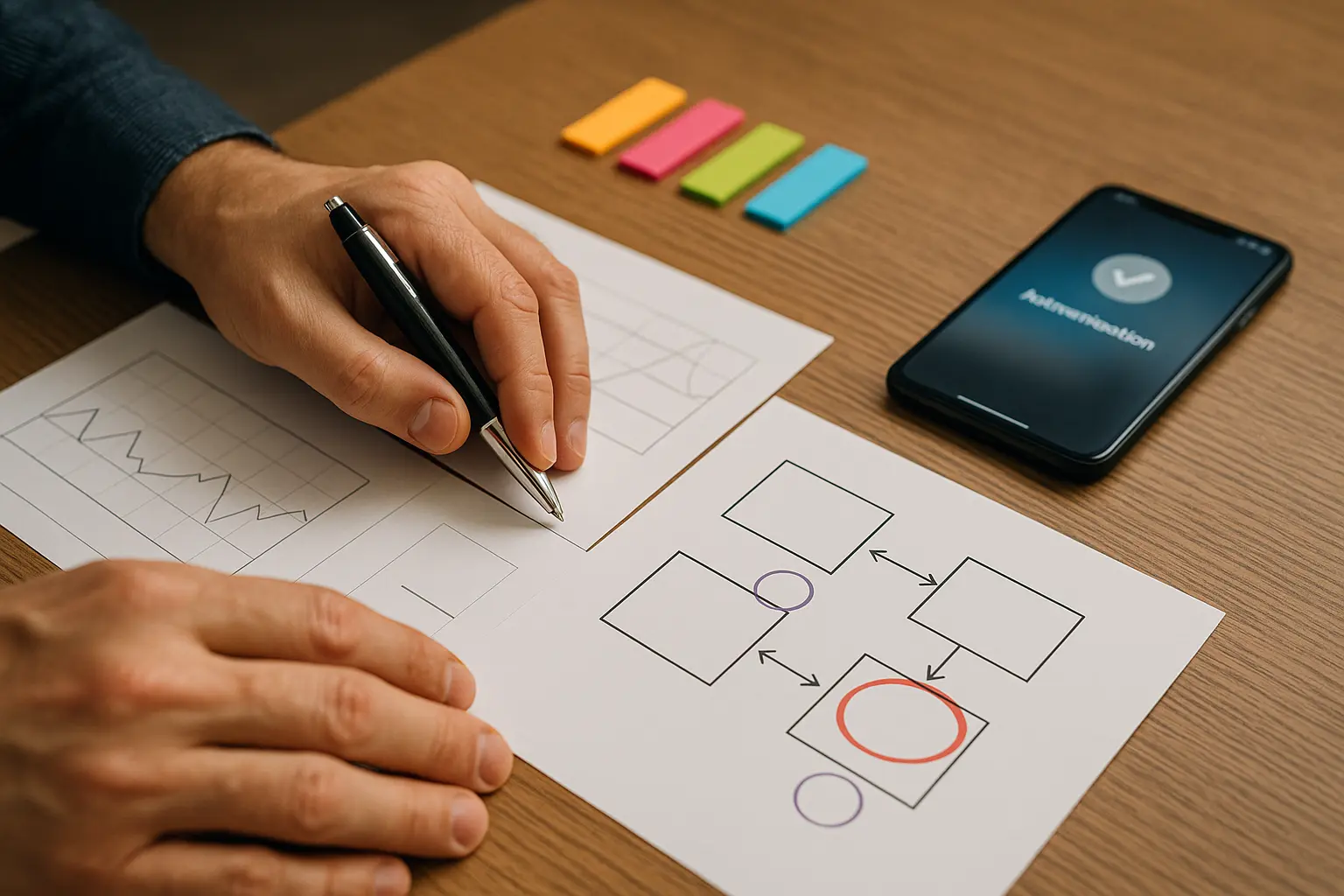 Hände markieren Schwellenwerte auf Diagrammen neben einem textfreien Topologieausdruck und einem Smartphone für MFA.