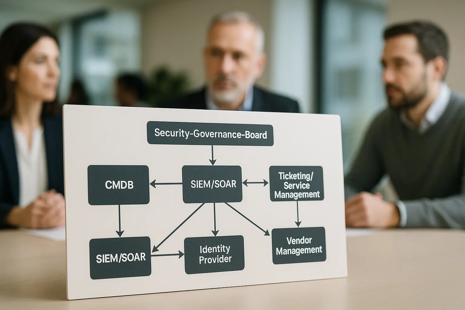 Architekturdiagramm eines Security‑Governance‑Boards mit Eskalationspfaden zu CMDB, SIEM, Ticketing und Identity Provider