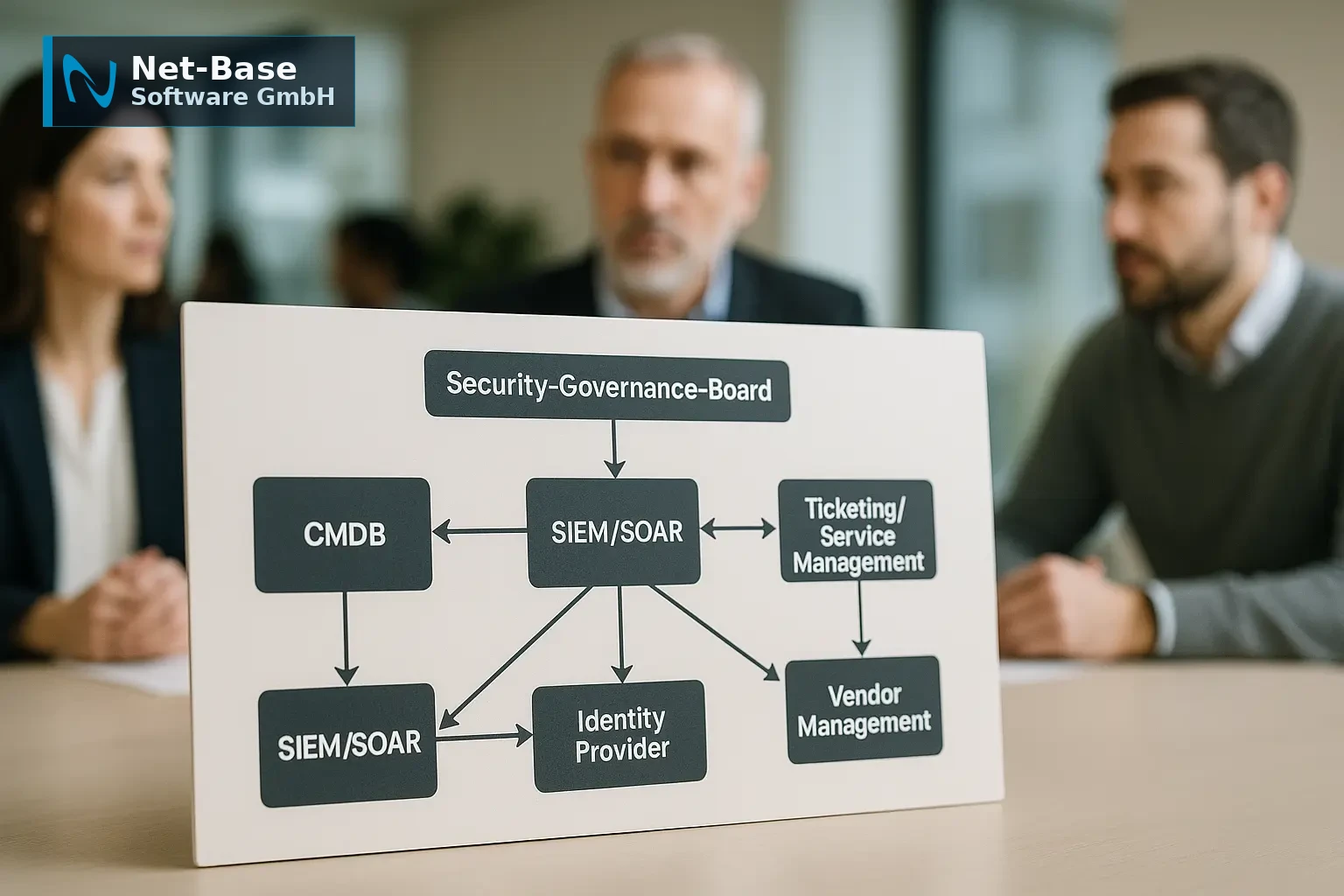 Architekturdiagramm eines Security‑Governance‑Boards mit Eskalationspfaden zu CMDB, SIEM, Ticketing und Identity Provider