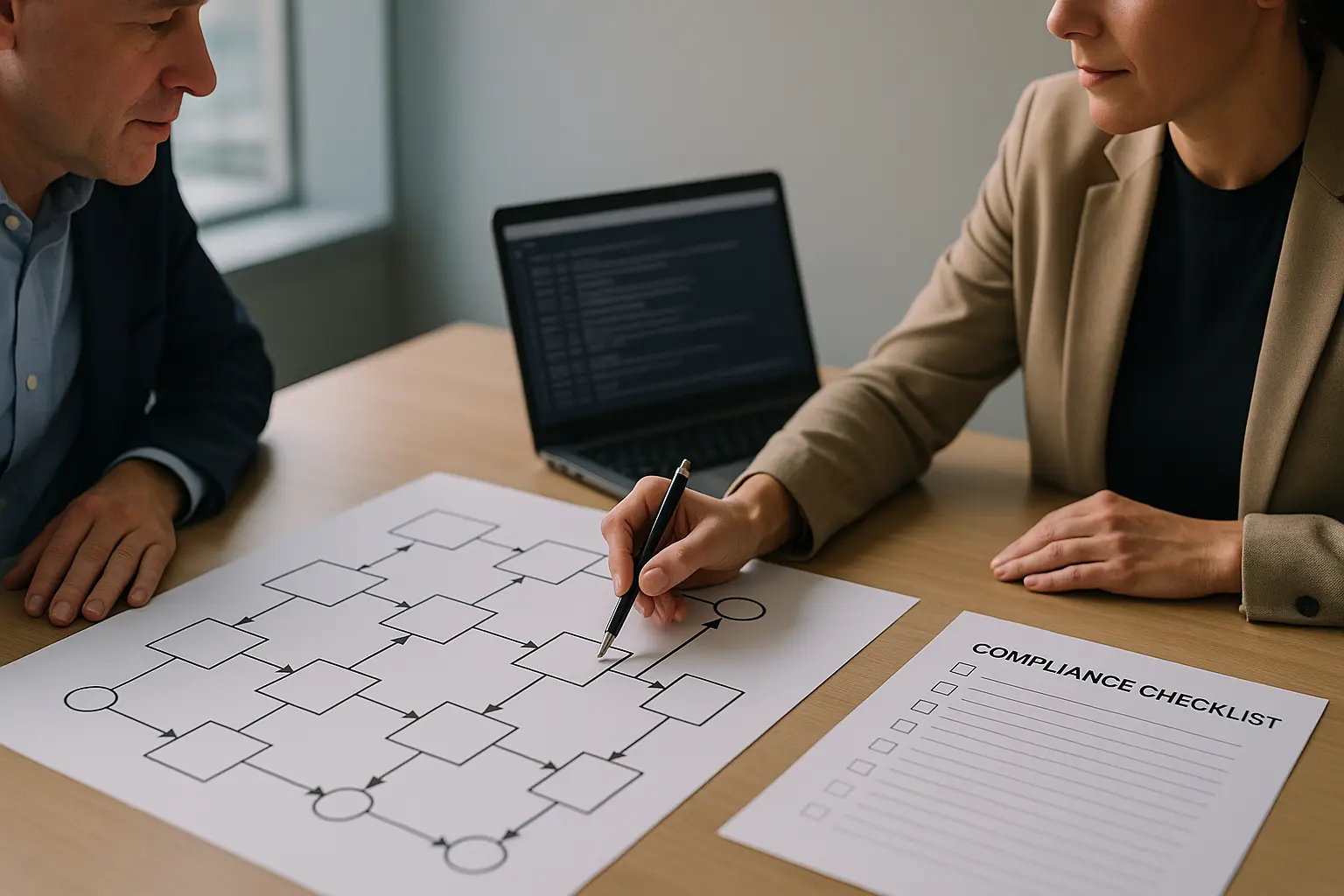 Compliance- und IT-Team prüft KI-Governance anhand Architekturdiagramm, Checkliste und Protokollen