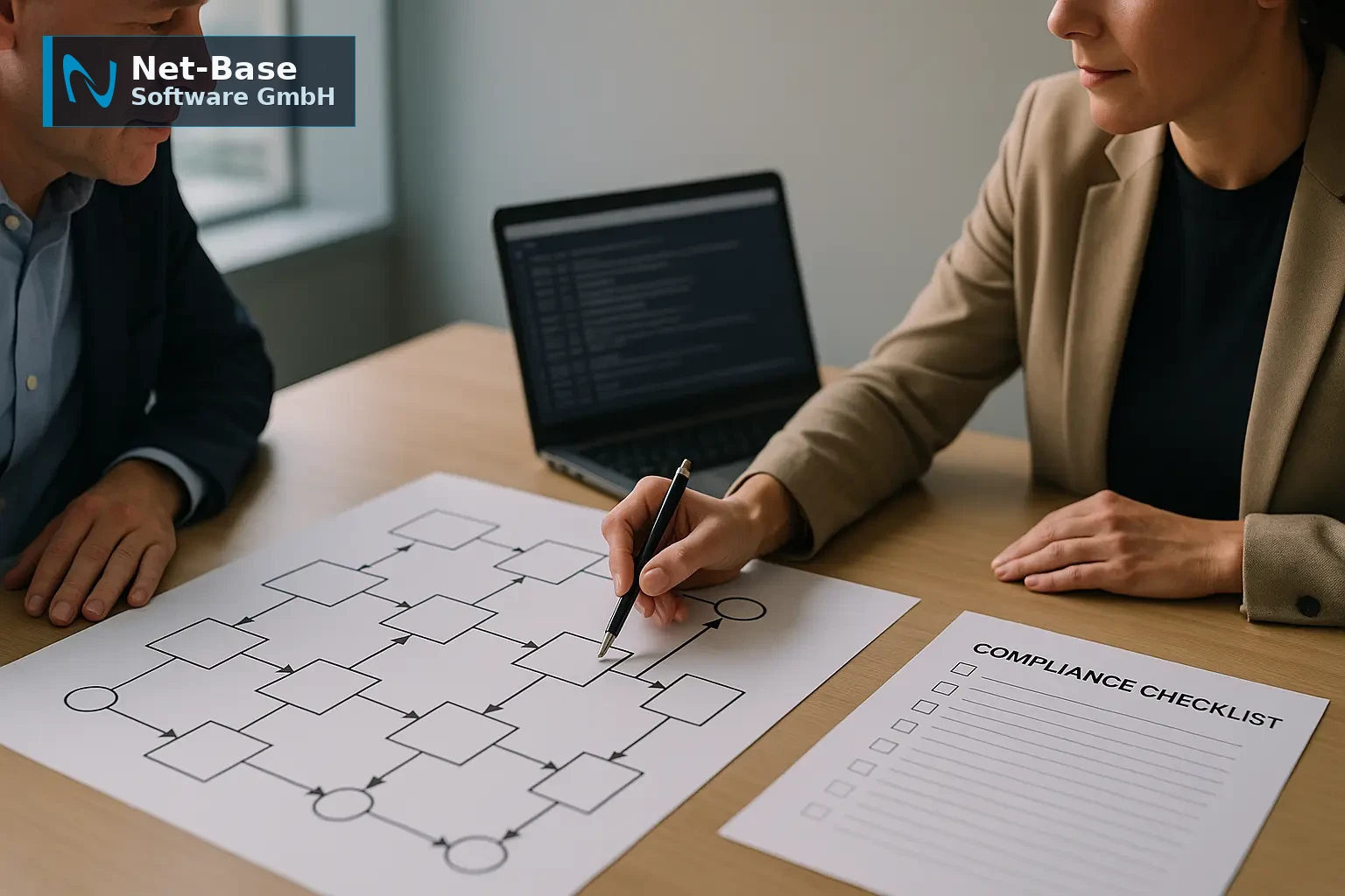 Compliance- und IT-Team prüft KI-Governance anhand Architekturdiagramm, Checkliste und Protokollen