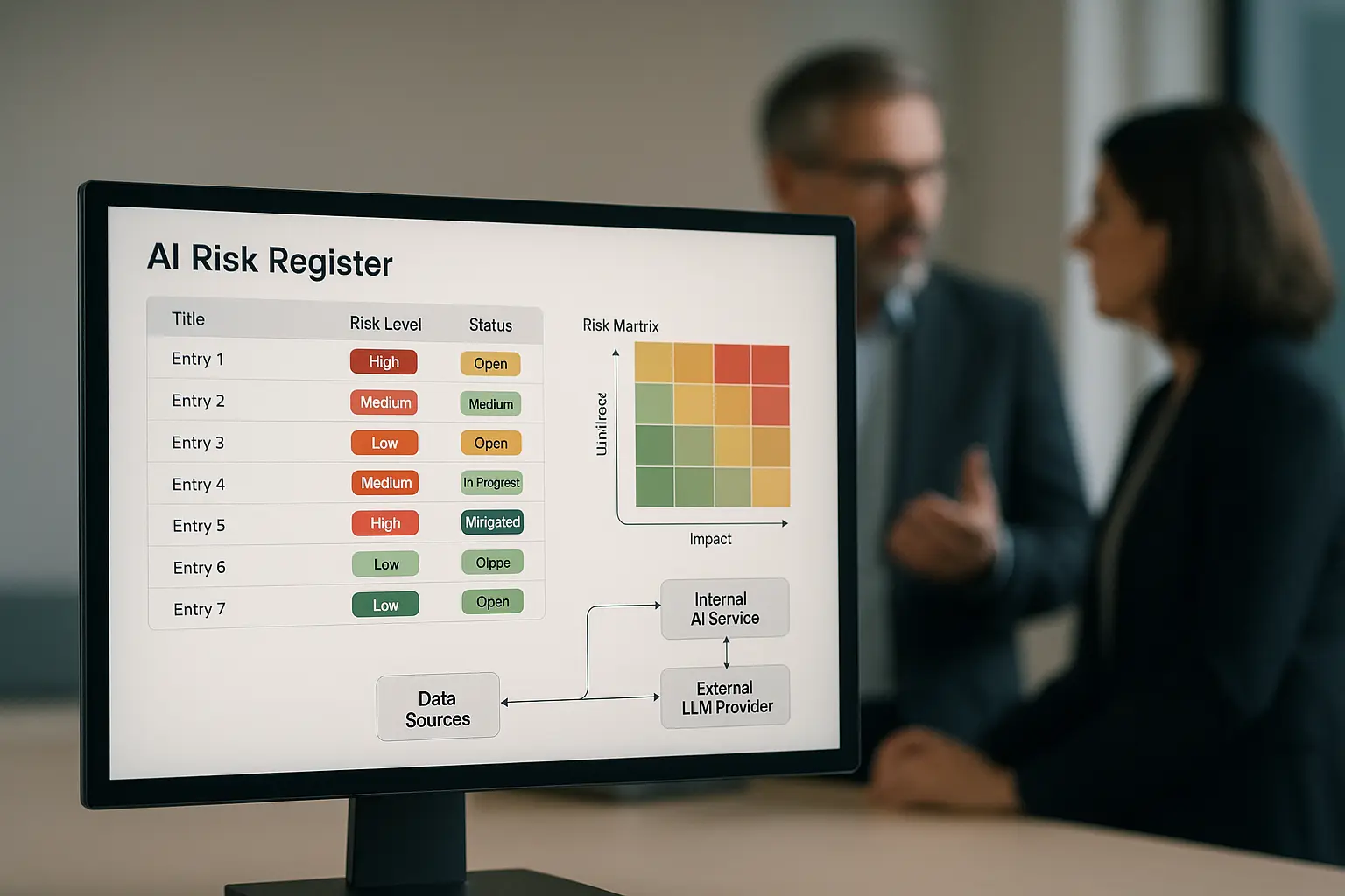 Offenes KI‑Risikoregister mit Risikomatrix und Architekturdiagramm, IT‑ und Compliance‑Verantwortliche prüfen Einträge