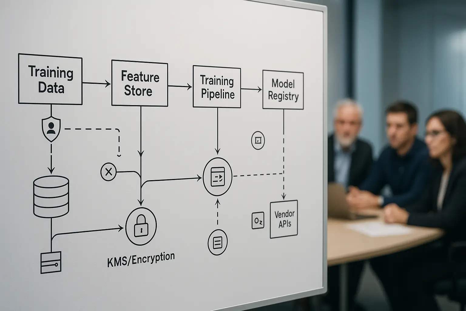 Architekturdiagramm eines KI‑Datenflusses mit Markern für PII‑Erkennung, Löschpfade und Audit‑Logs