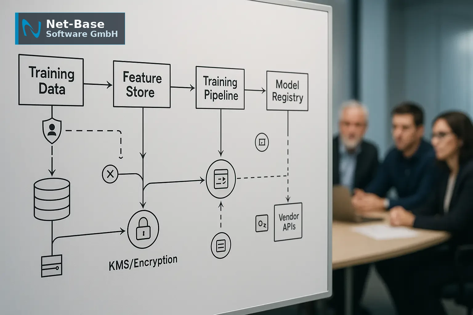 Architekturdiagramm eines KI‑Datenflusses mit Markern für PII‑Erkennung, Löschpfade und Audit‑Logs