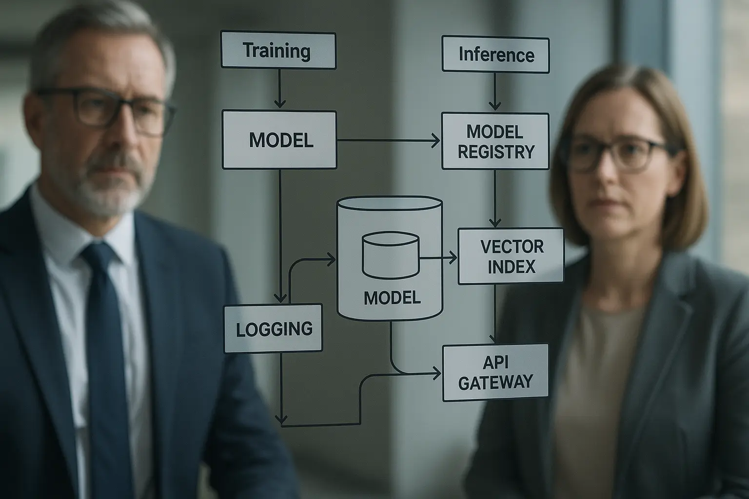 Architekturdiagramm einer KI‑Pipeline mit markierten Audit‑Trail‑Punkten und zwei Personen, die das System prüfen