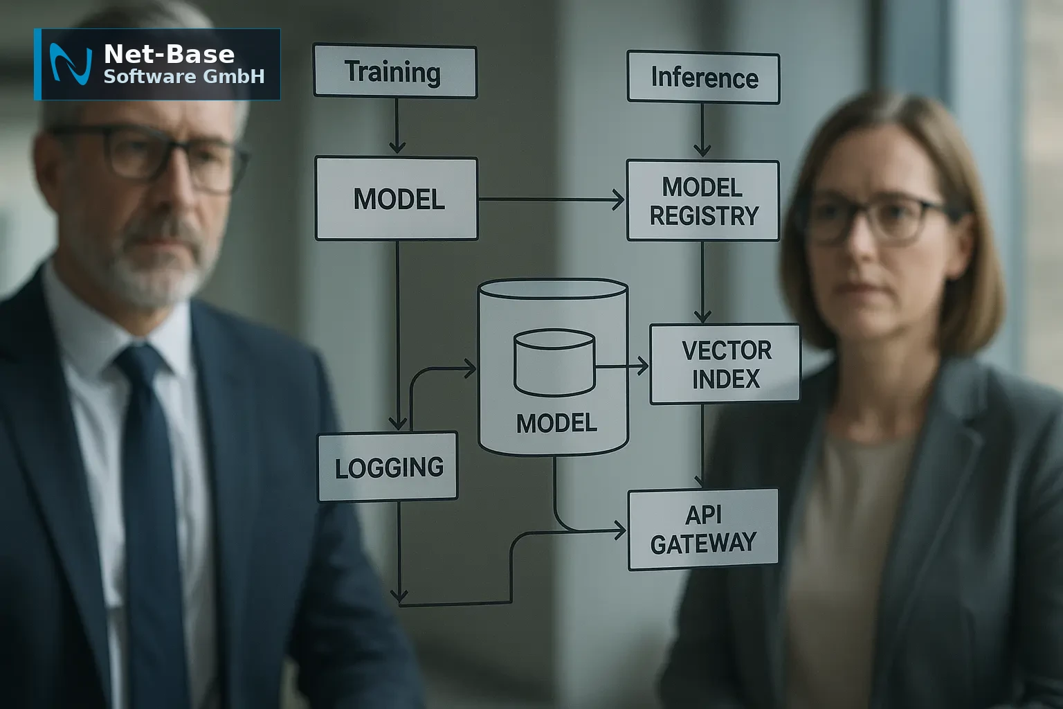 Architekturdiagramm einer KI‑Pipeline mit markierten Audit‑Trail‑Punkten und zwei Personen, die das System prüfen
