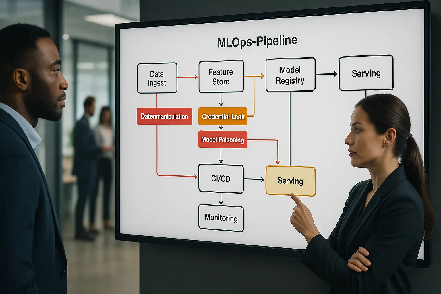 Architekturdiagramm einer MLOps‑Pipeline mit markierten Threat‑Vektoren und Datenflüssen