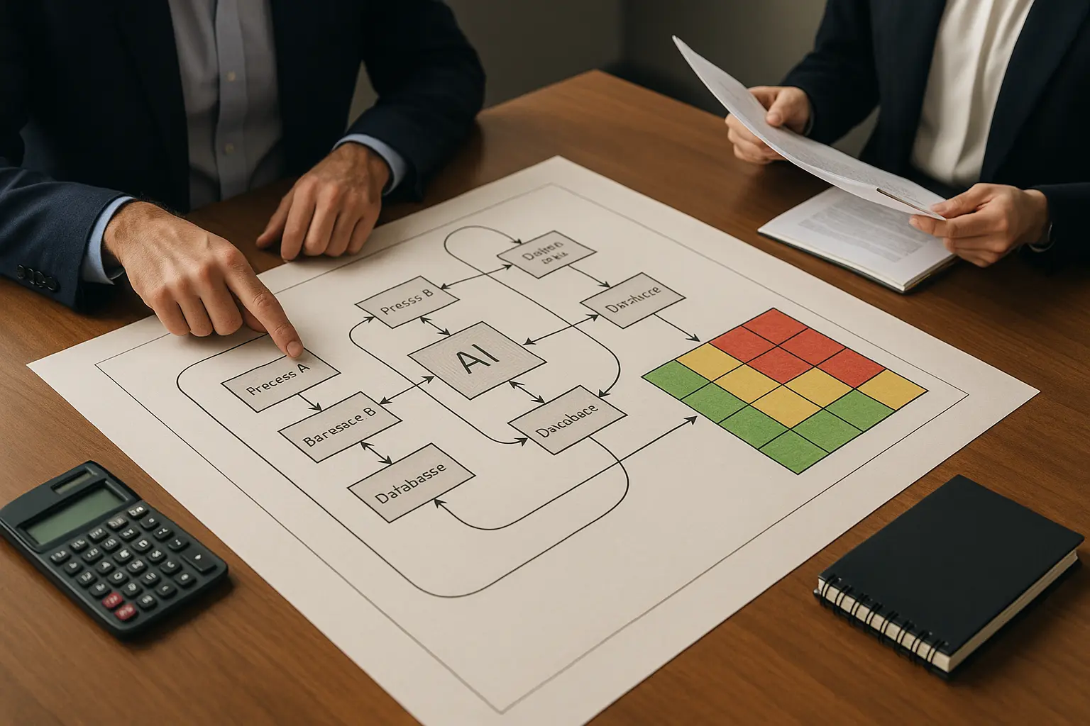 IT‑ und Compliance‑Team bewertet KI‑Automatisierung anhand von Architekturdiagramm, Kostenmodell und Risikomatrix auf dem...