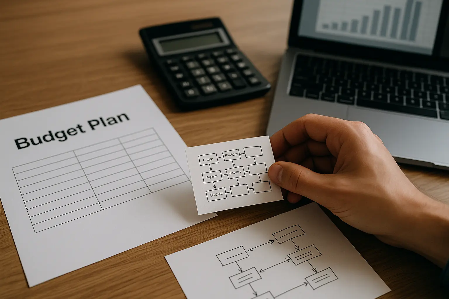 TCO-Bewertung für KI‑Automatisierung mit Budgetunterlagen, Taschenrechner und Architekturskizzen.