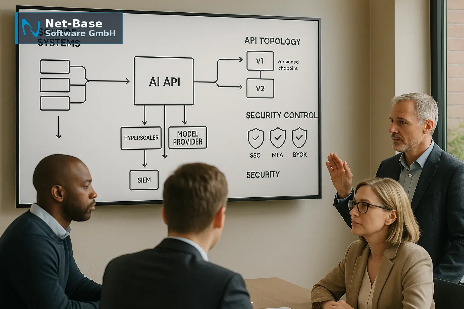 Architekturdiagramm mit Datenflüssen, API‑Topologie und Subprozessoren für einen KI‑Service, geprüft von IT‑ und...