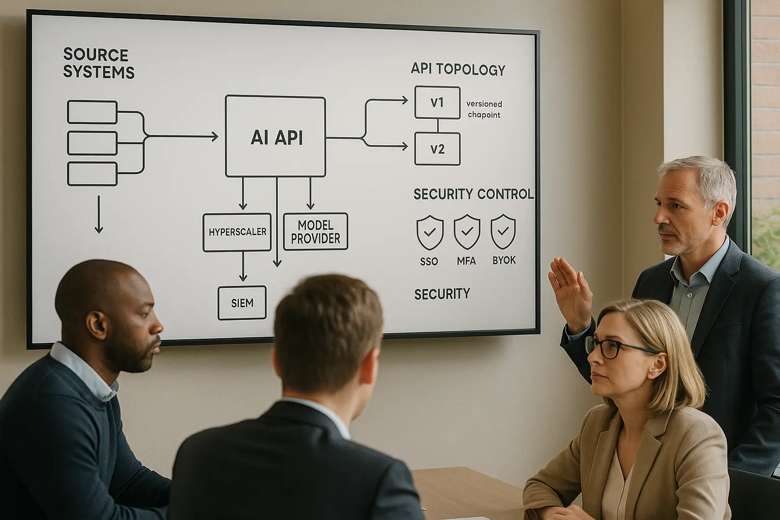Architekturdiagramm mit Datenflüssen, API‑Topologie und Subprozessoren für einen KI‑Service, geprüft von IT‑ und...