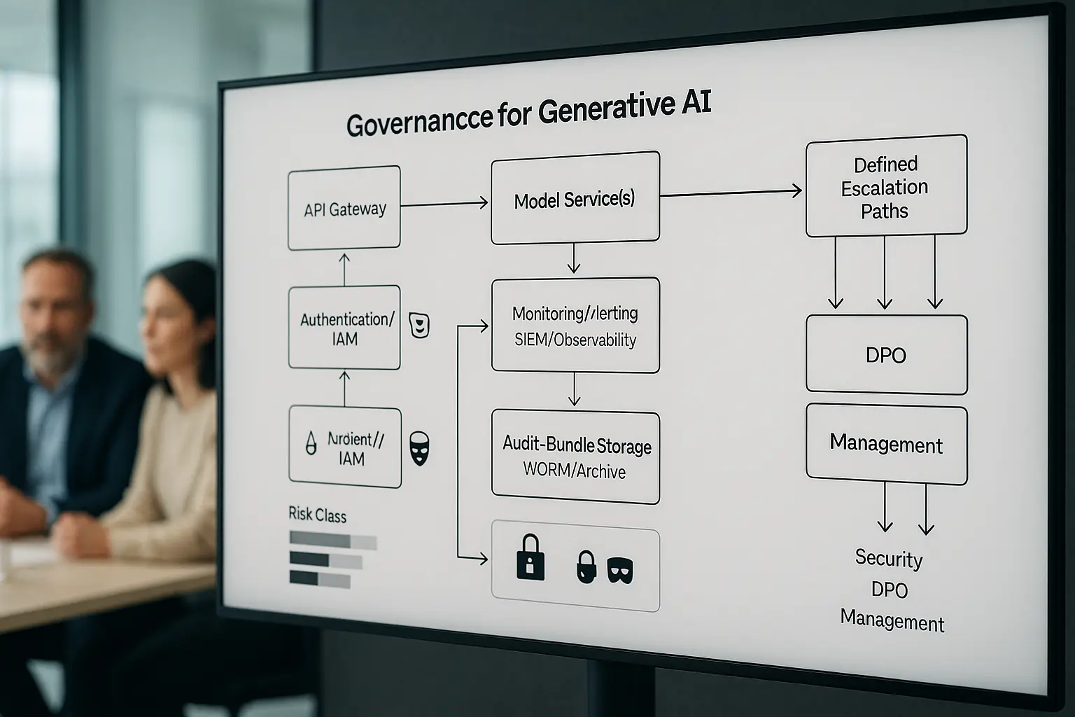 Architekturdiagramm einer Generative‑KI‑Governance mit API‑Gateway, Modellservice, Monitoring und Eskalationspfaden