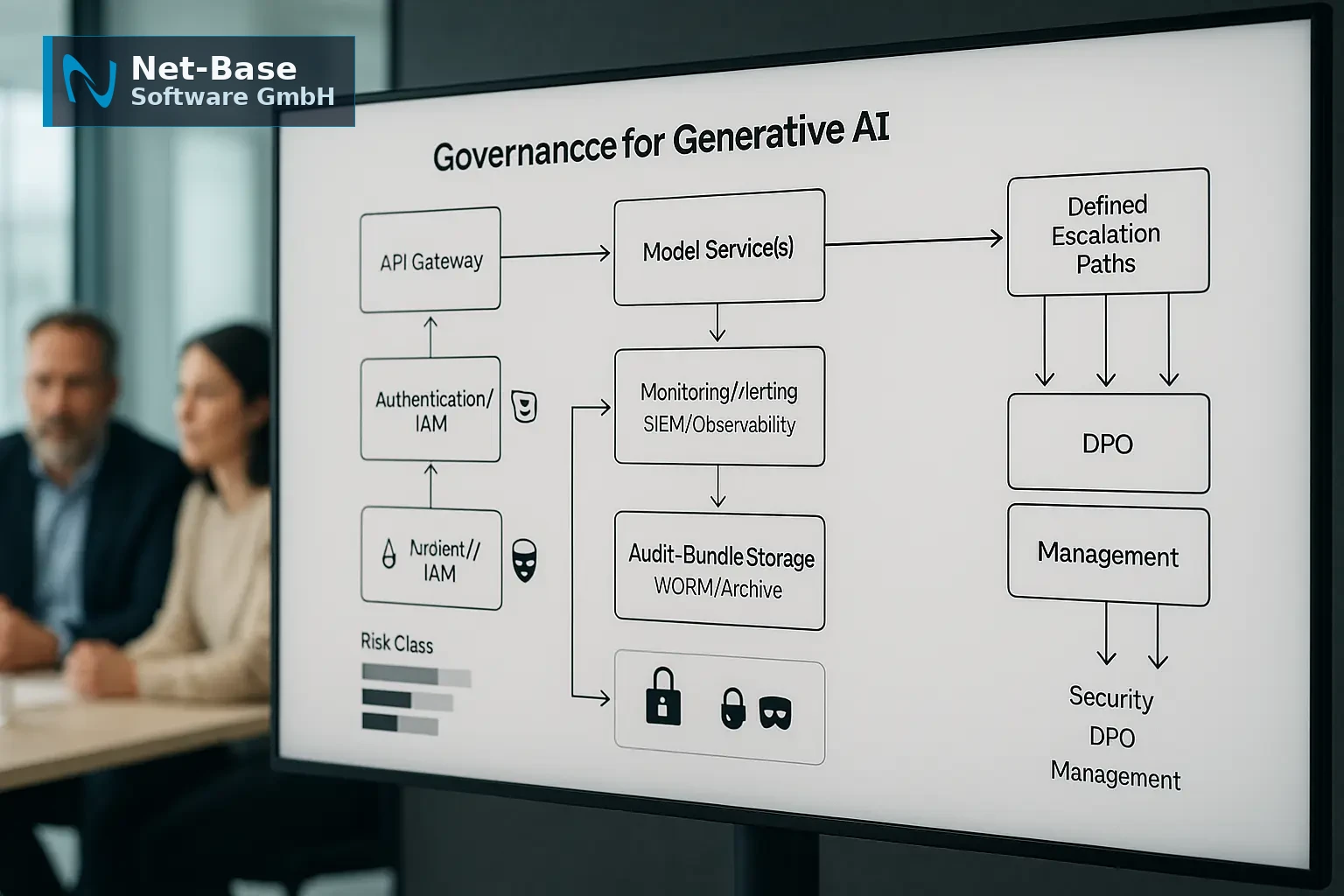 Architekturdiagramm einer Generative‑KI‑Governance mit API‑Gateway, Modellservice, Monitoring und Eskalationspfaden