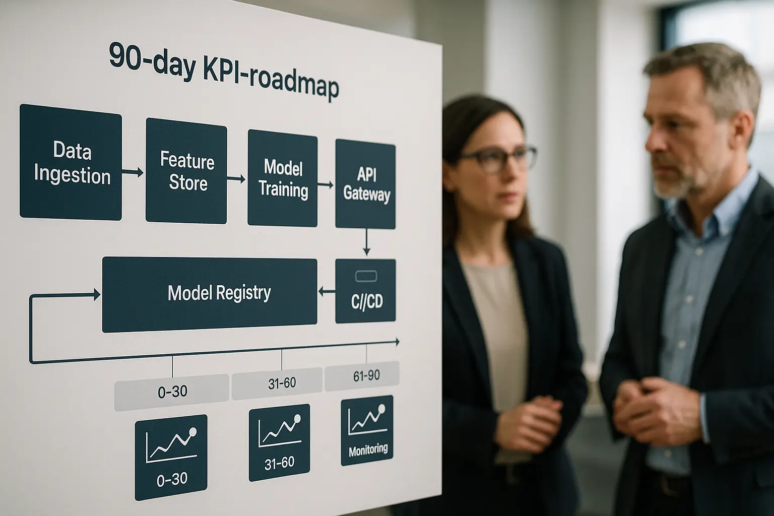 Architekturdiagramm einer 90‑Tage KPI‑Roadmap für KI‑Einführung mit Data‑Pipeline, Feature Store, Model Registry und...