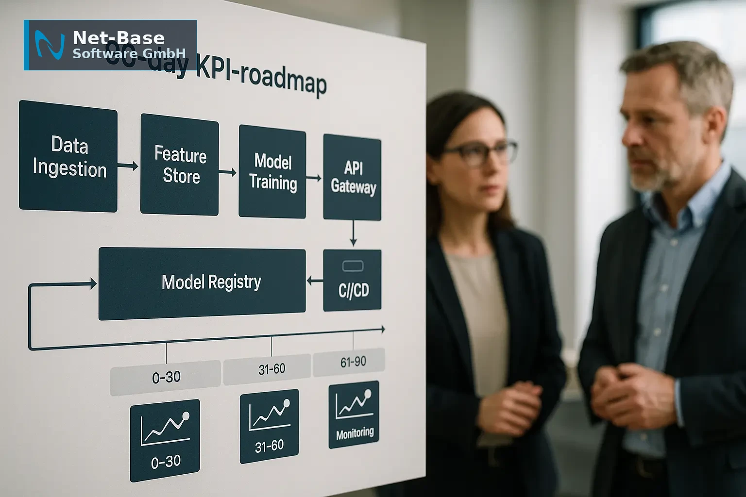 Architekturdiagramm einer 90‑Tage KPI‑Roadmap für KI‑Einführung mit Data‑Pipeline, Feature Store, Model Registry und...