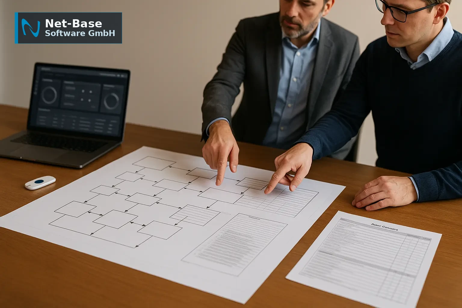 Auditor und IT-Manager prüfen ISMS-Roadmap mit Kontrollfluss-Diagramm und Auditunterlagen für ISO 27001