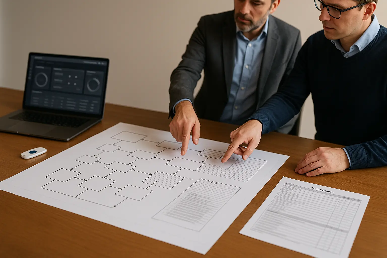Auditor und IT-Manager prüfen ISMS-Roadmap mit Kontrollfluss-Diagramm und Auditunterlagen für ISO 27001