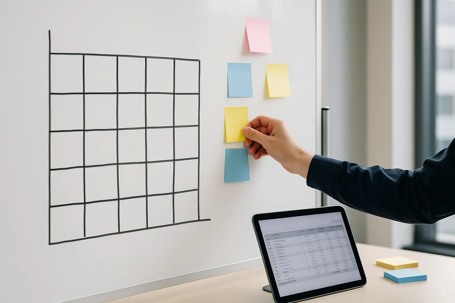 Workshop zur Risikobewertung mit Risikomatrix und Haftnotizen im ISMS-Kontext