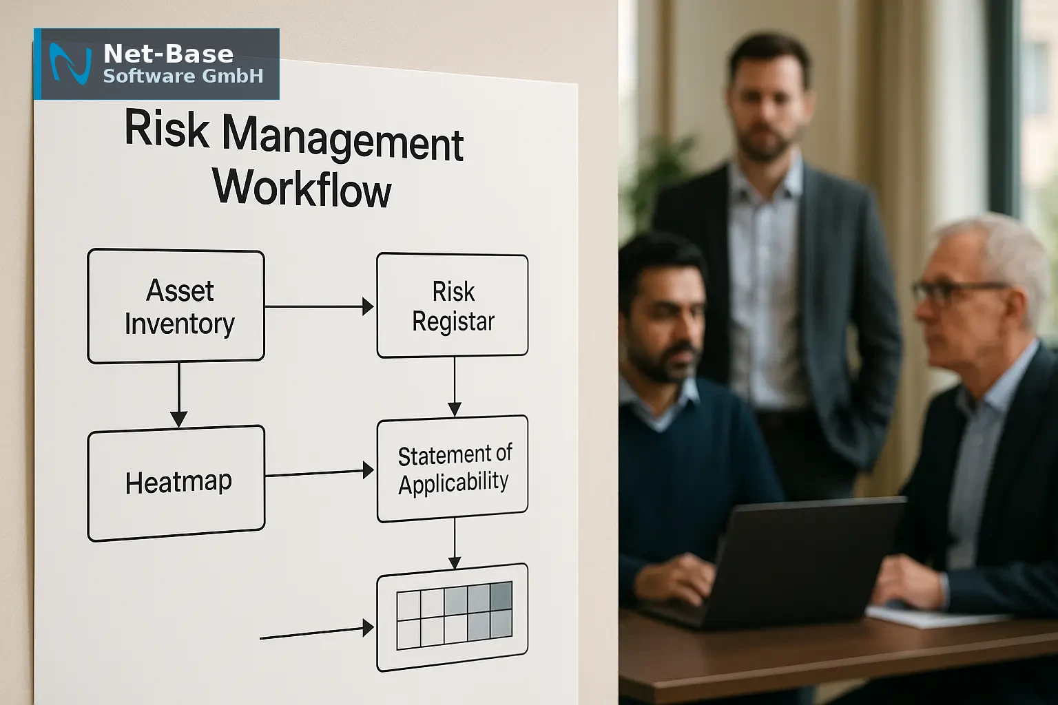 Architekturdiagramm eines Risikomanagement‑Workflows mit Asset‑Inventory, Heatmap und SoA im Vordergrund, IT‑Manager im...
