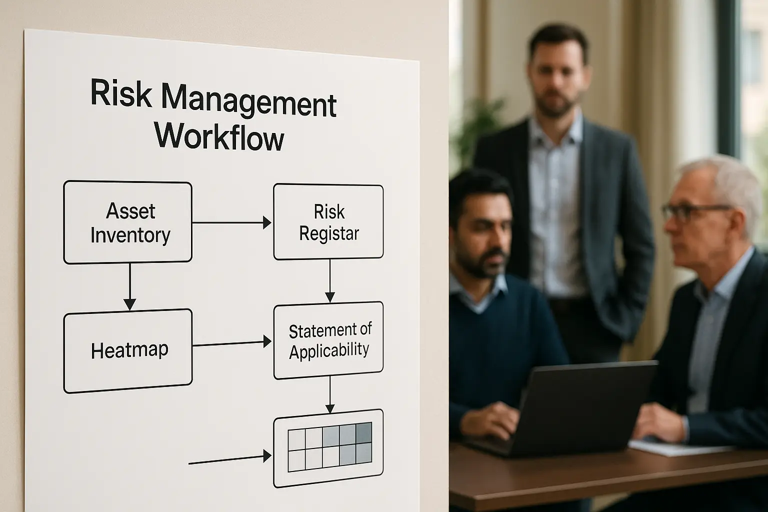 Architekturdiagramm eines Risikomanagement‑Workflows mit Asset‑Inventory, Heatmap und SoA im Vordergrund, IT‑Manager im...