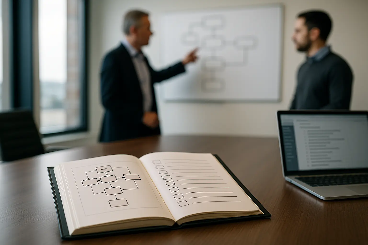 Audit-Mappe mit Diagrammen zur Nachweiskette für ein ISO-27001-Zertifizierungsaudit, im Hintergrund Auditgespräch