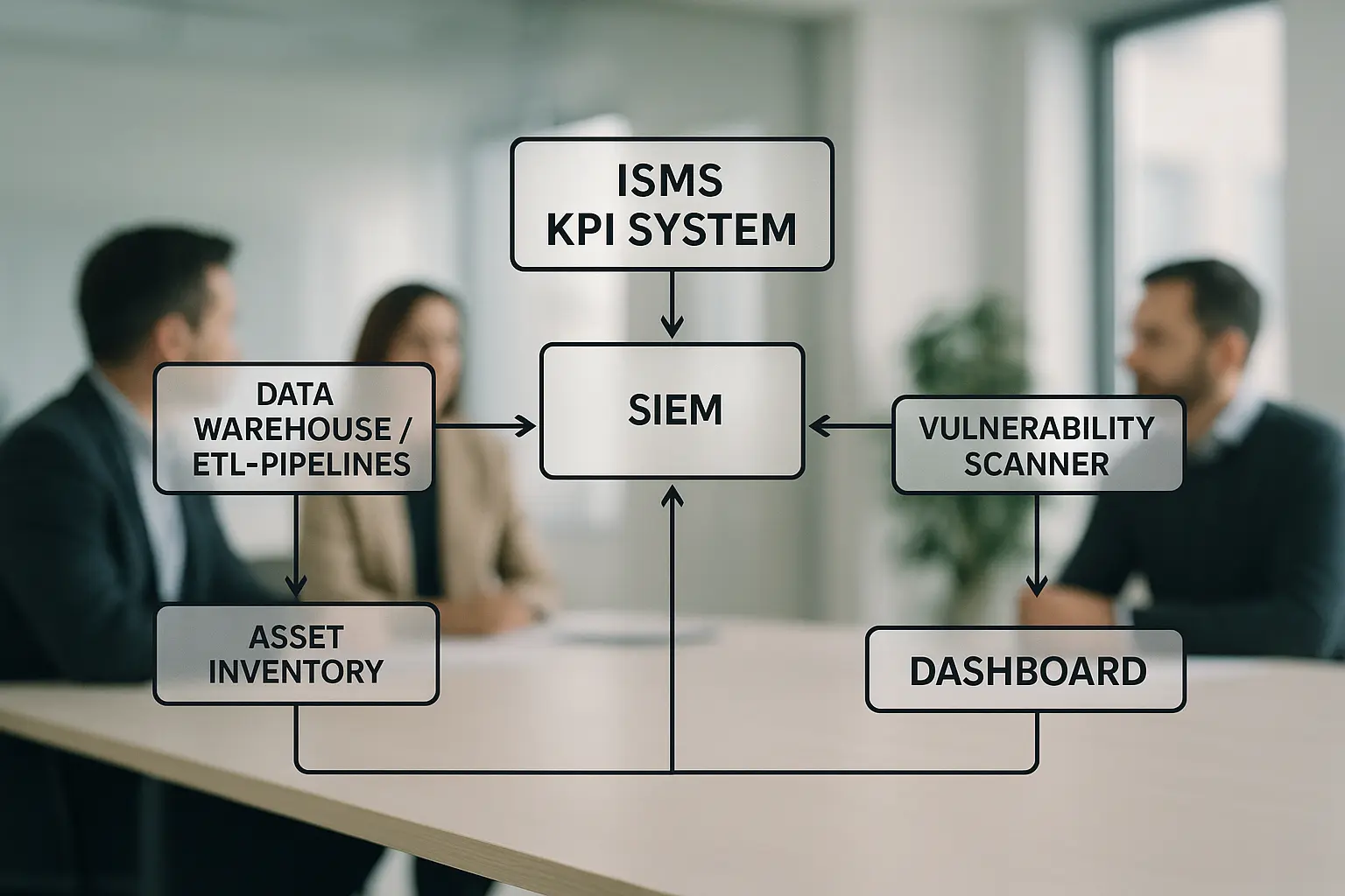 ISMS-KPI-Architekturdiagramm mit Data-Flow von SIEM, Vulnerability-Scanner und Asset-Inventory zu Data Warehouse und...