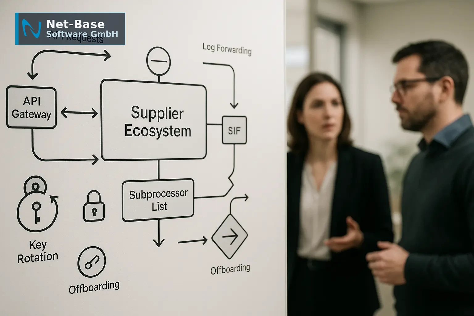 Architekturdiagramm eines Lieferanten-Ökosystems mit Datenflüssen, Kontrollpunkten und Log-Forwarding