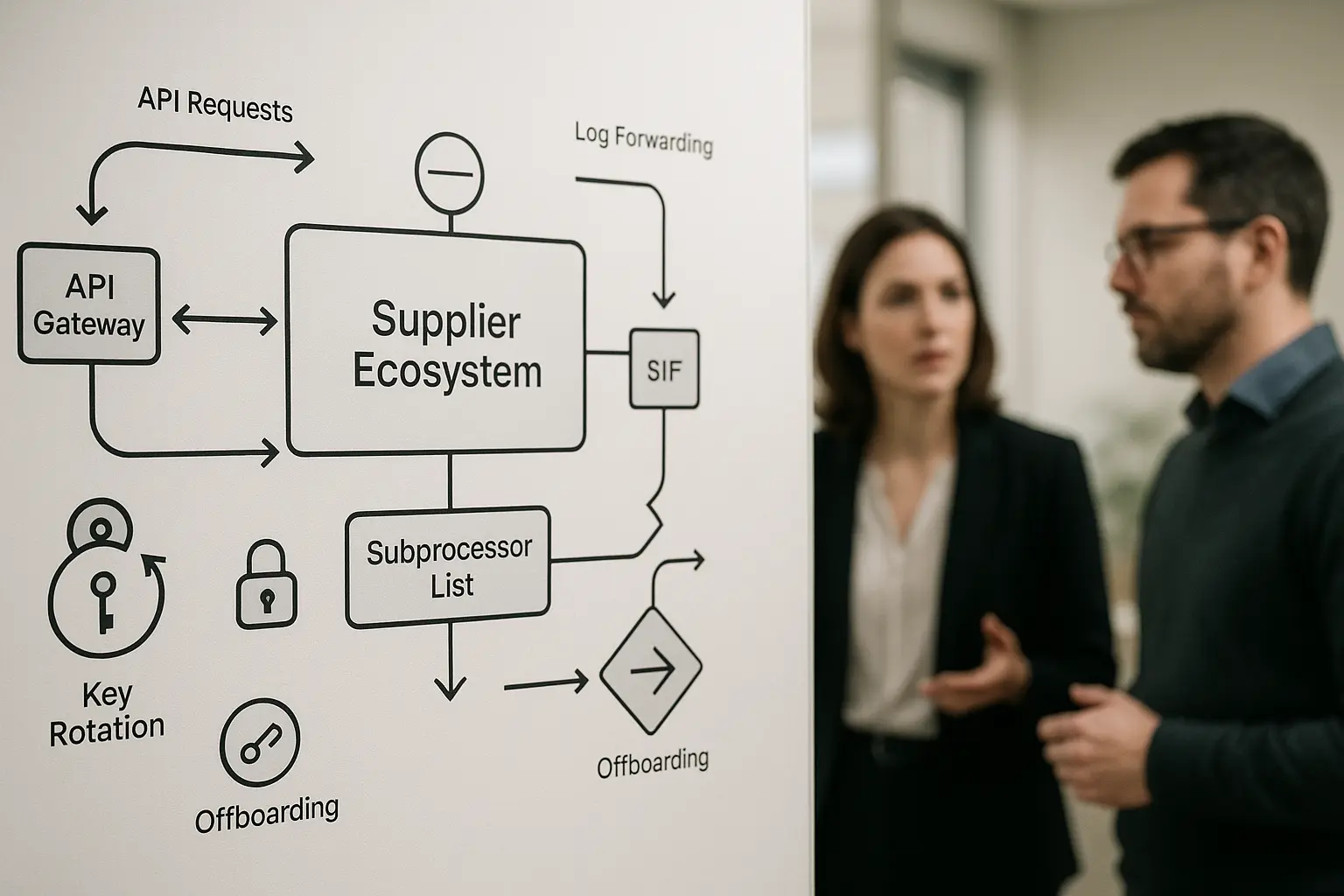 Architekturdiagramm eines Lieferanten-Ökosystems mit Datenflüssen, Kontrollpunkten und Log-Forwarding