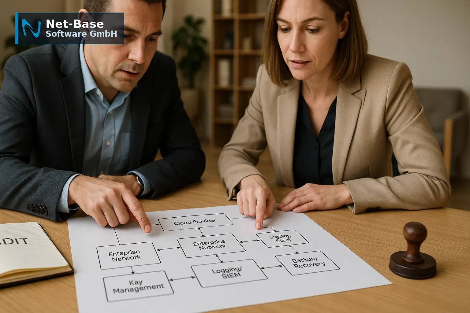IT- und Compliance-Team prüft Cloud-Architekturdiagramm für ISO-27001-Controls und ISMS-Integration