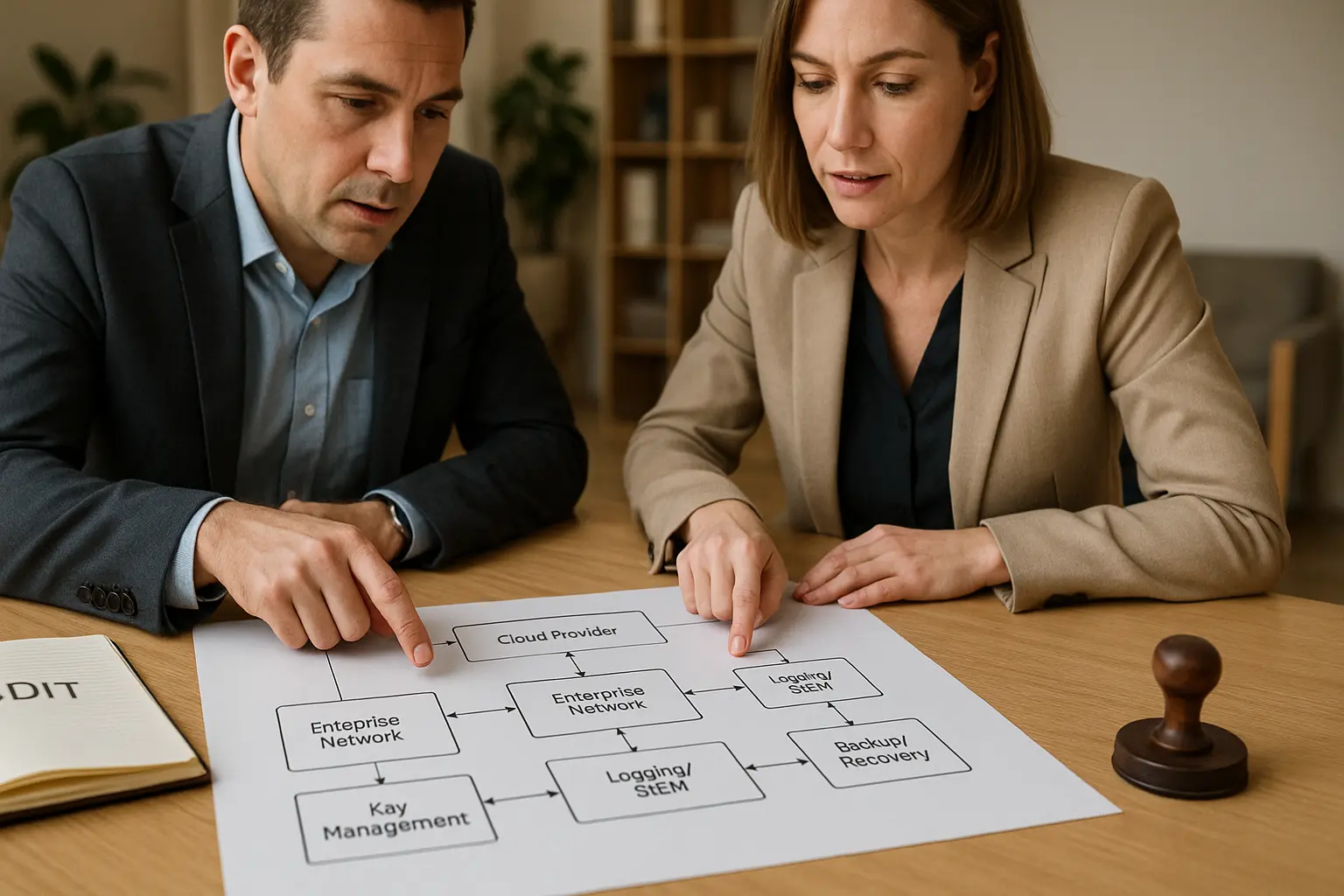 IT- und Compliance-Team prüft Cloud-Architekturdiagramm für ISO-27001-Controls und ISMS-Integration