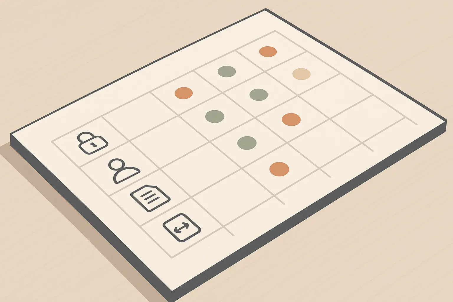 Textfreie Grafik einer Entscheidungsmatrix für Cloud-Service-Auswahl mit Symbolen für Daten, IAM, Logging, Vertrag und Exit