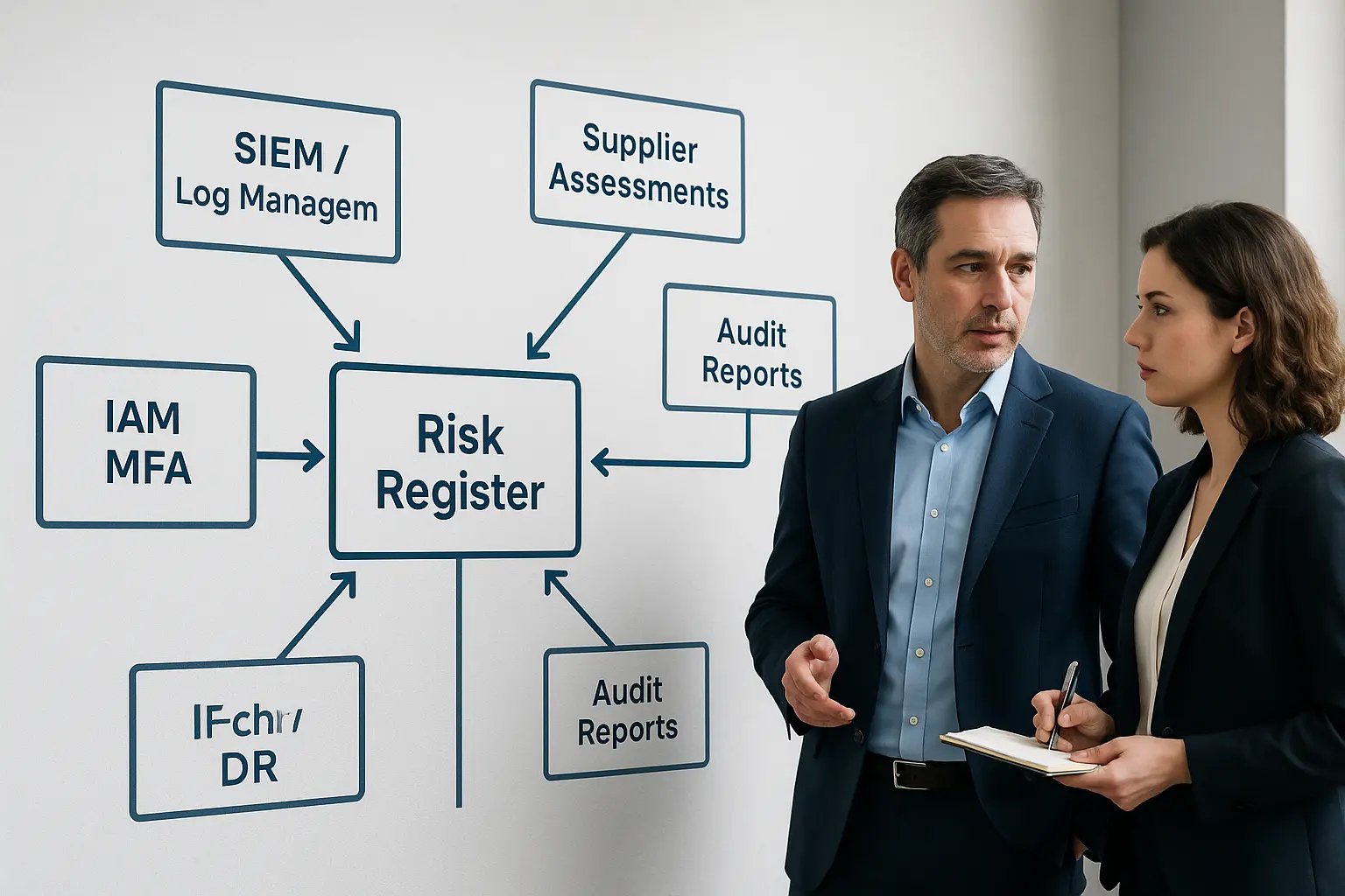 Architekturdiagramm eines ISMS mit Risiko-Register, SIEM, IAM, Backup-Topologie und Lieferanten-Assessments