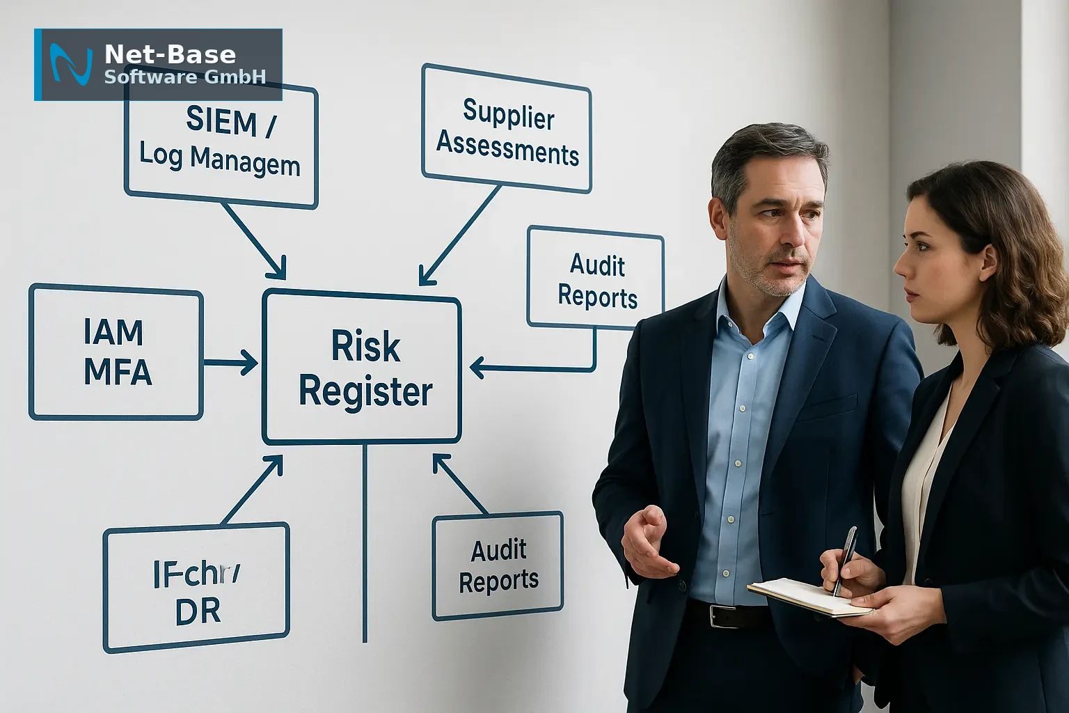 Architekturdiagramm eines ISMS mit Risiko-Register, SIEM, IAM, Backup-Topologie und Lieferanten-Assessments