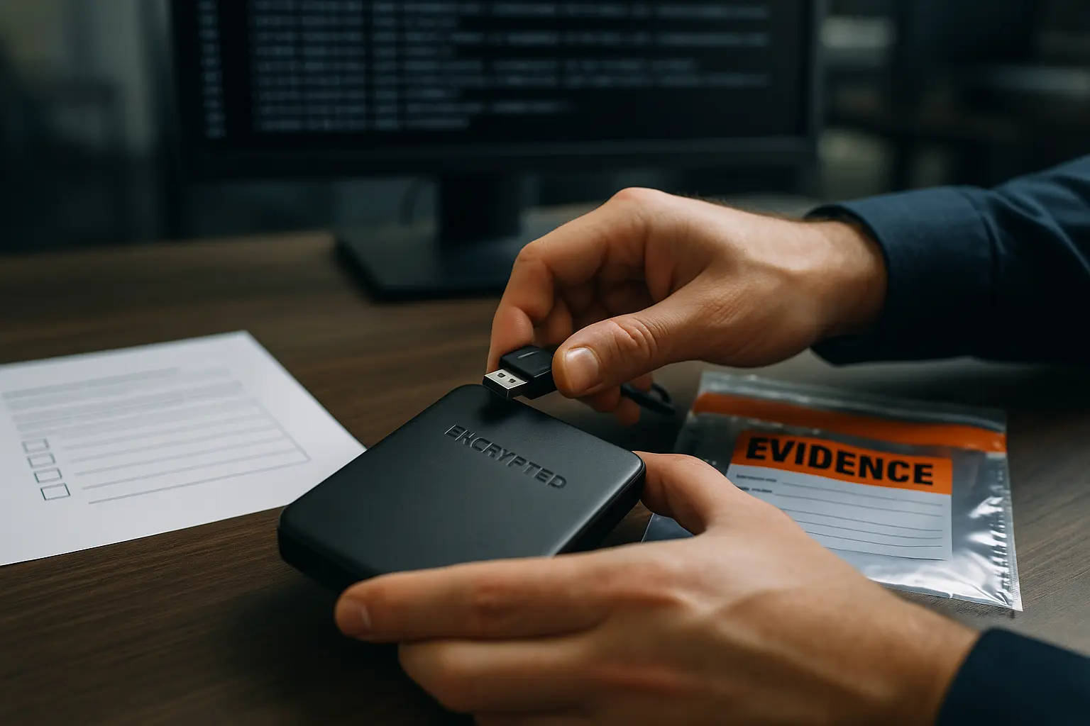 Security-Analyst sichert Log-Exporte und Beweise auf einem Datenträger mit Evidence-Material daneben