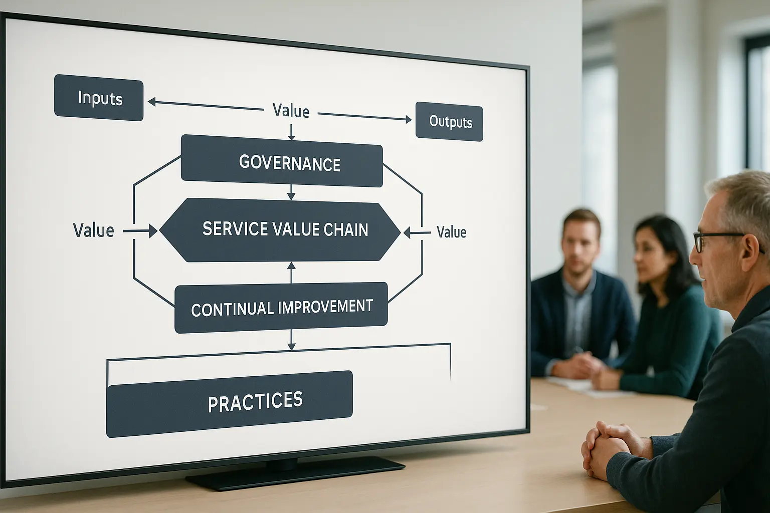 Architekturdiagramm des ITIL 4 Service Value System (SVS) als zentrales Display, mit Pfeilen für Service‑Value‑Flows