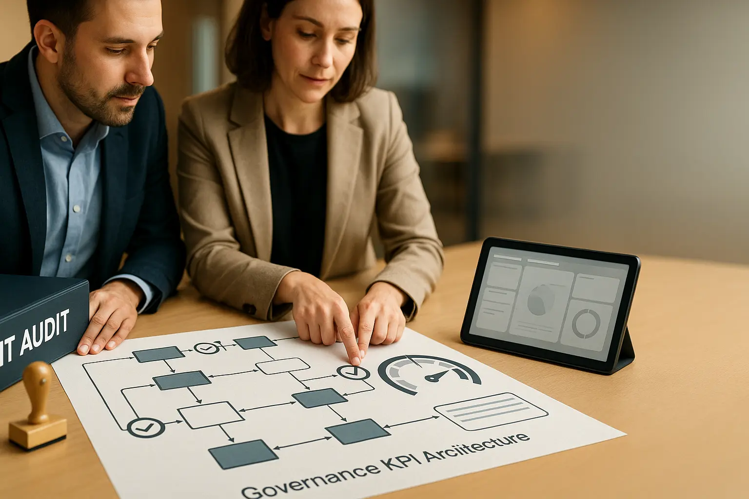 IT-Manager und Compliance-Verantwortliche prüfen ein Governance- und KPI-Diagramm für ITIL-Prozesse mit Kontrollpunkten.