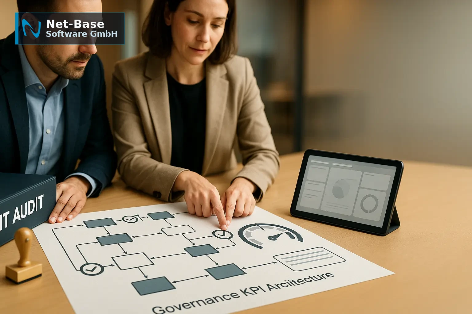 IT-Manager und Compliance-Verantwortliche prüfen ein Governance- und KPI-Diagramm für ITIL-Prozesse mit Kontrollpunkten.
