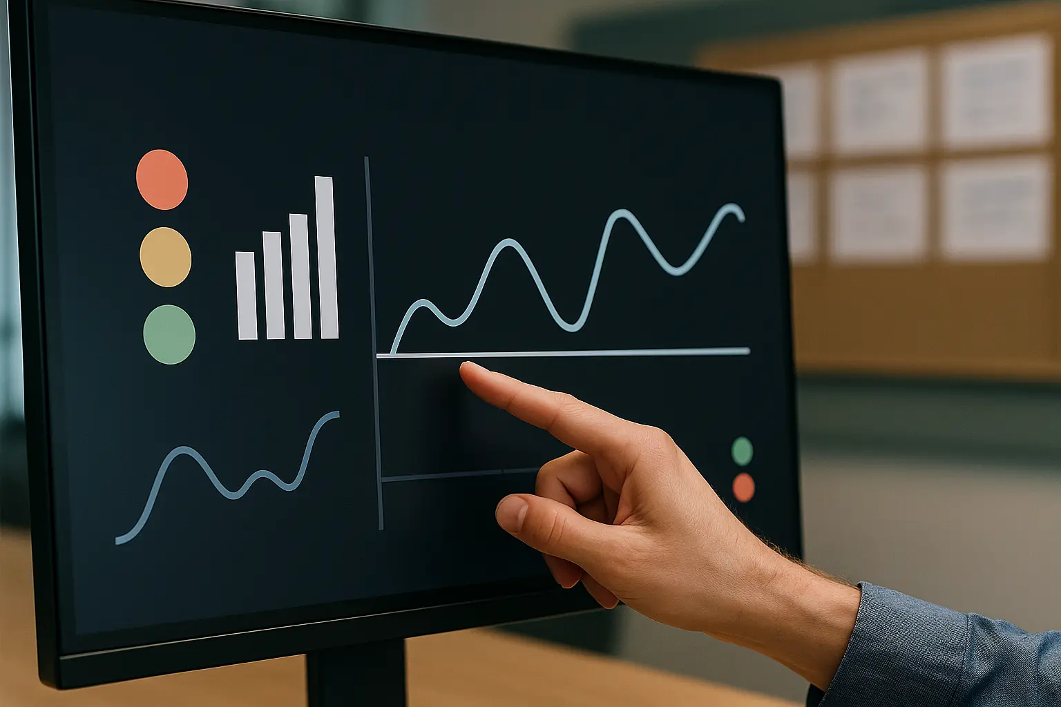 Abstraktes KPI-Dashboard ohne Text, auf dem eine Schwelle in einem Diagramm markiert wird.