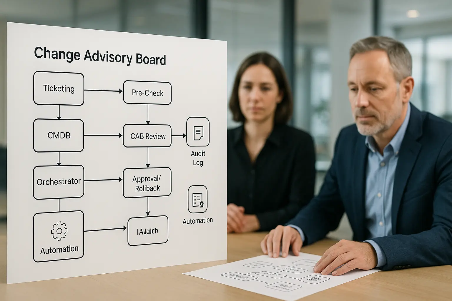 Architekturdiagramm eines Change Advisory Board Entscheidungsflusses mit CMDB‑ und Ticketing‑Integration
