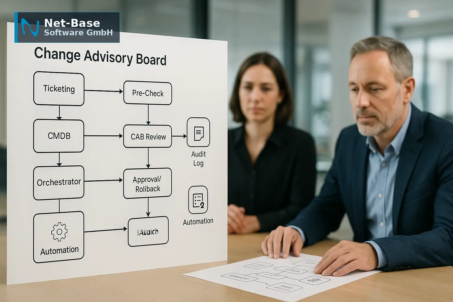 Architekturdiagramm eines Change Advisory Board Entscheidungsflusses mit CMDB‑ und Ticketing‑Integration