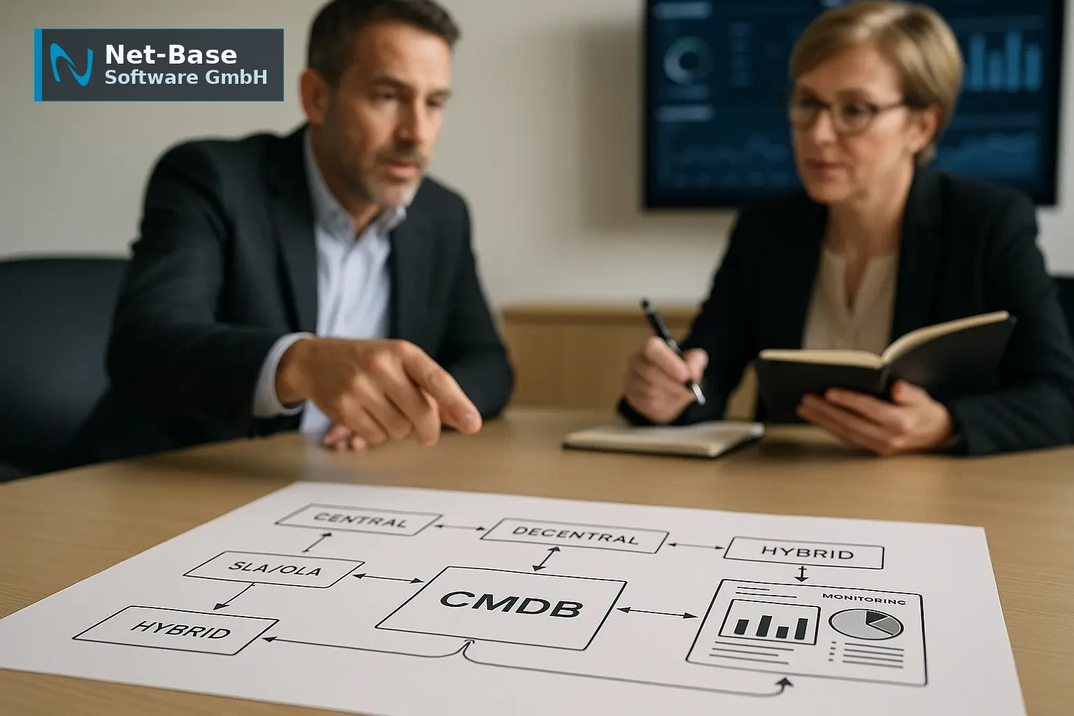 Architekturdiagramm zeigt zentrale, dezentrale und hybride Service‑Team‑Topologien mit CMDB‑Datenfluss