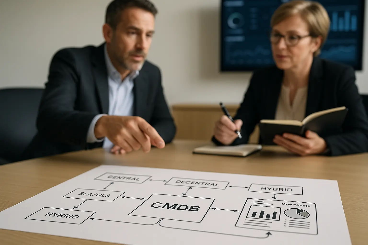 Architekturdiagramm zeigt zentrale, dezentrale und hybride Service‑Team‑Topologien mit CMDB‑Datenfluss