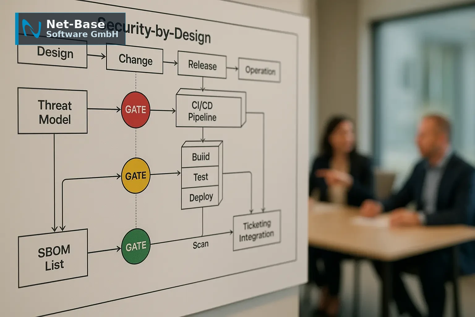 Architekturdiagramm mit markierten Security‑Gates entlang des ITIL‑Service‑Lifecycles