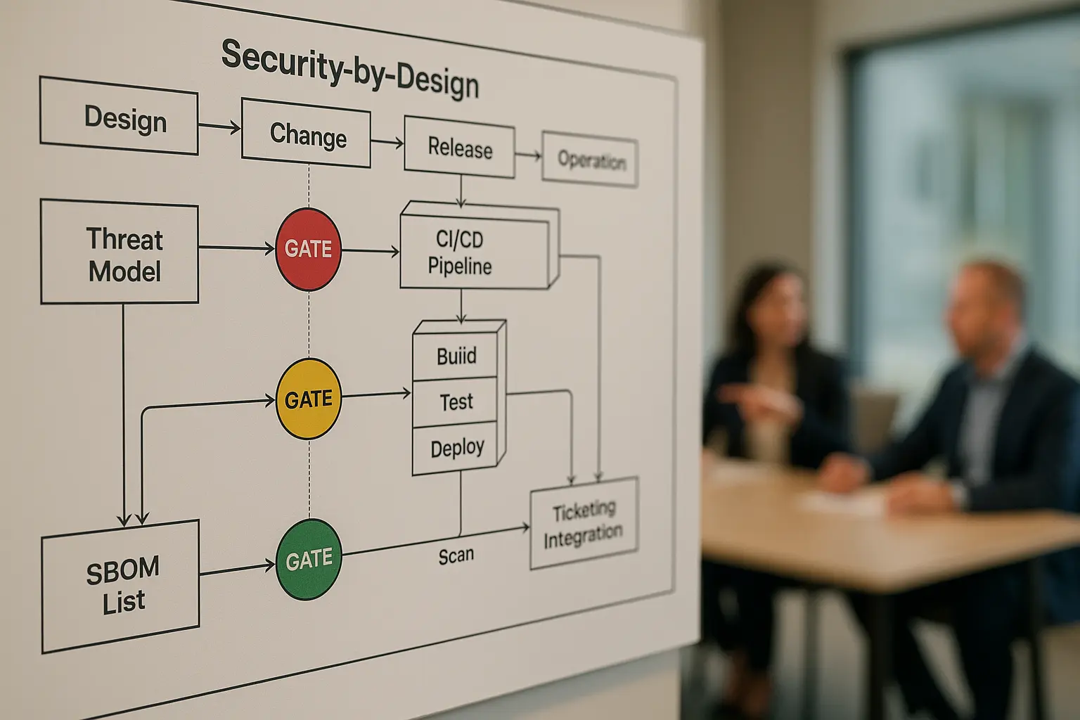 Architekturdiagramm mit markierten Security‑Gates entlang des ITIL‑Service‑Lifecycles