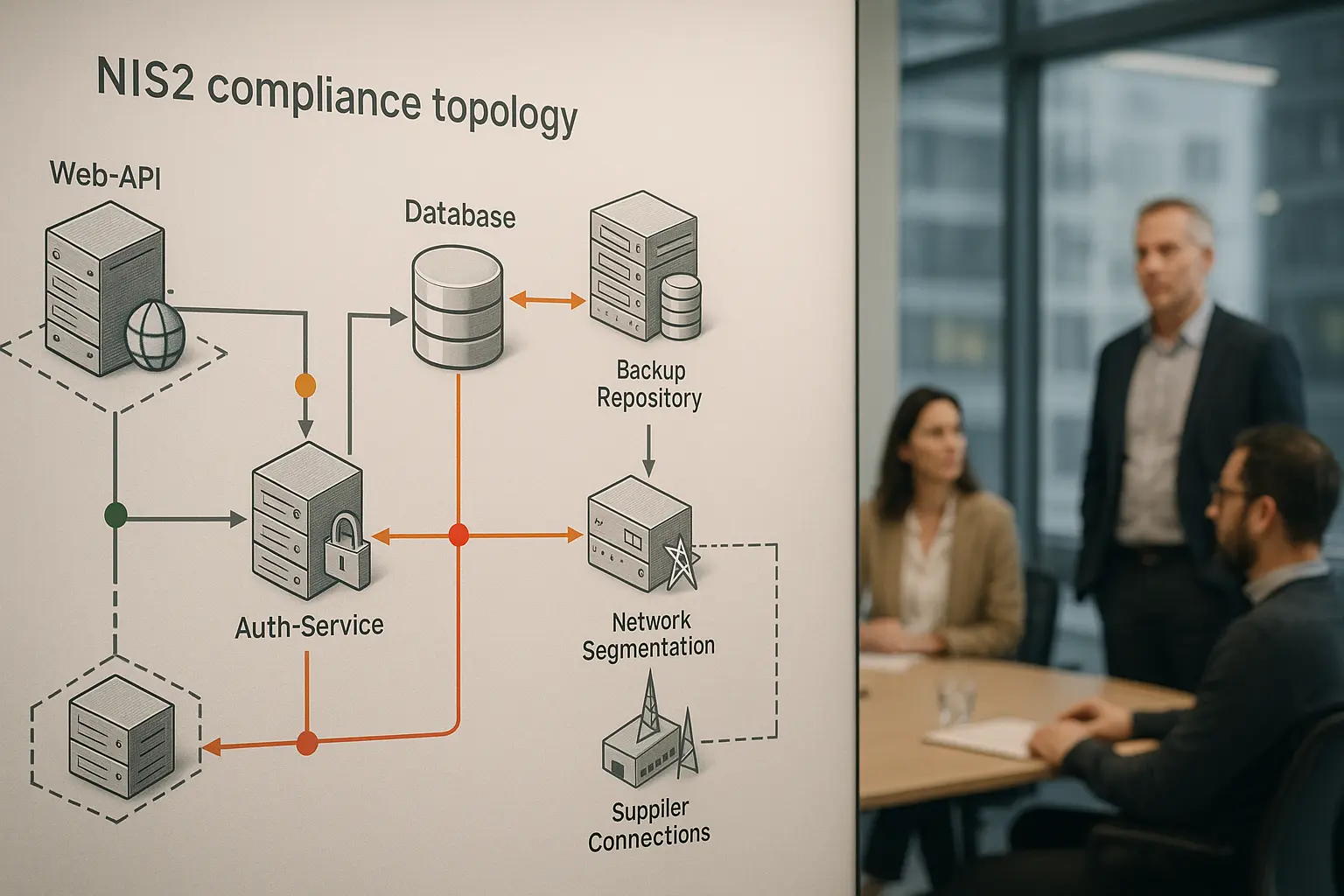Architekturdiagramm einer NIS2-Compliance-Topologie mit markierten Sicherheitskontrollen und dezentem Workshop-Hintergrund