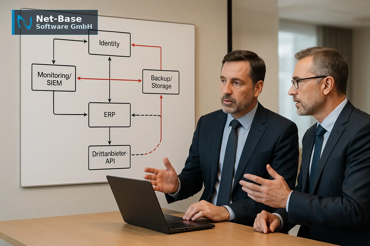 Architekturdiagramm mit Systemblöcken, Pfeilen und Eskalationswegen zur NIS2-Governance, IT-Führungskräfte diskutieren