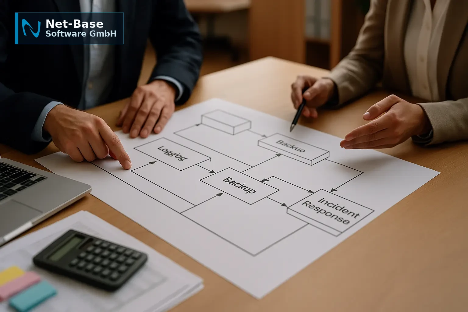 Architekturdiagramm und Budgetunterlagen zur Planung von NIS2-Investitionen in Technik, Personal und Prüfungen