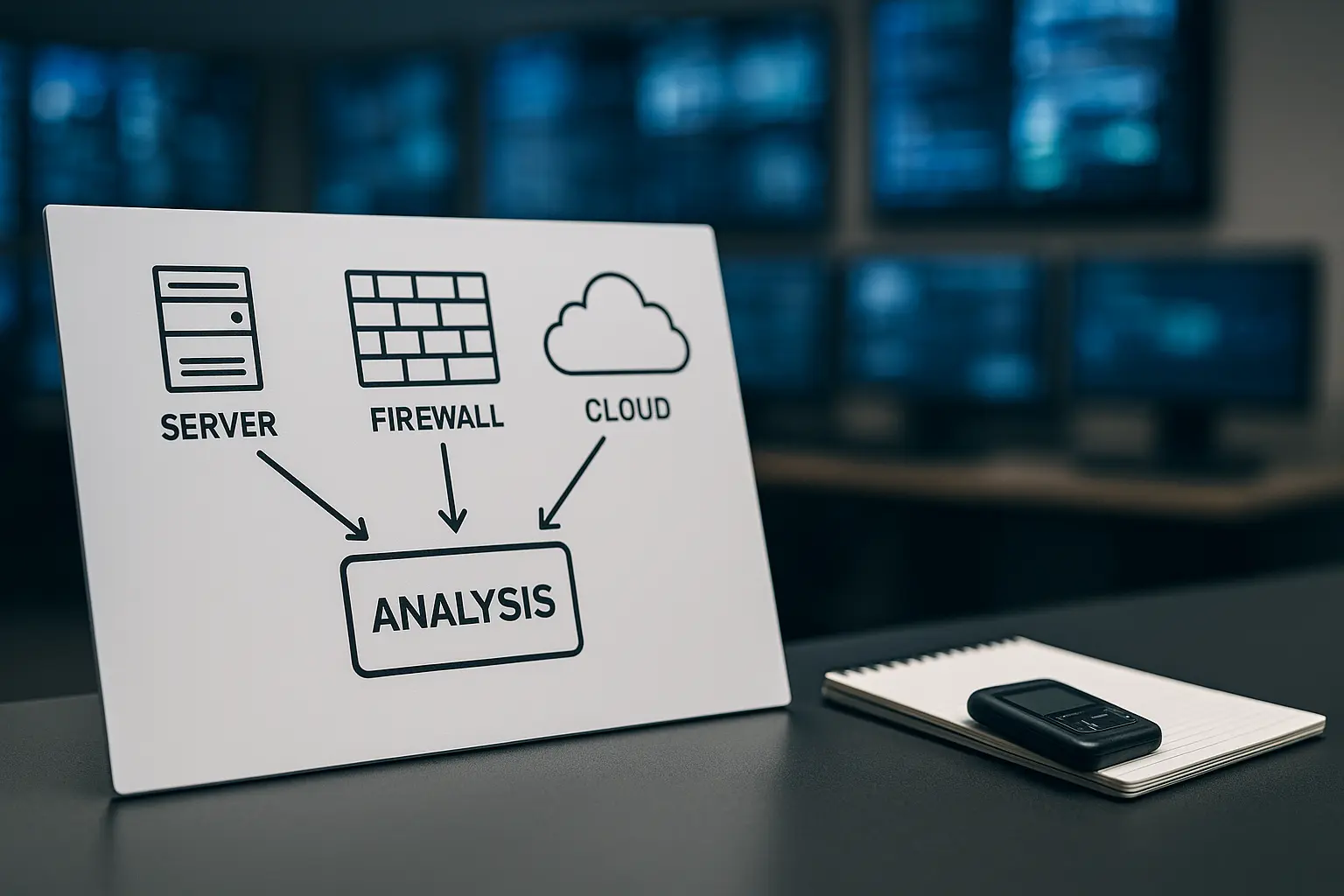 Diagramm-Skizze eines Log-Datenflusses zu zentraler Analyse in einem Security-Operations-Kontext