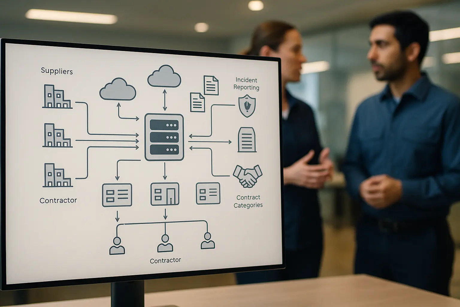 Architekturdiagramm eines Lieferketten‑Risiko‑Workflows mit Datenflüssen, Subunternehmer‑Layer und Vertragskategorien